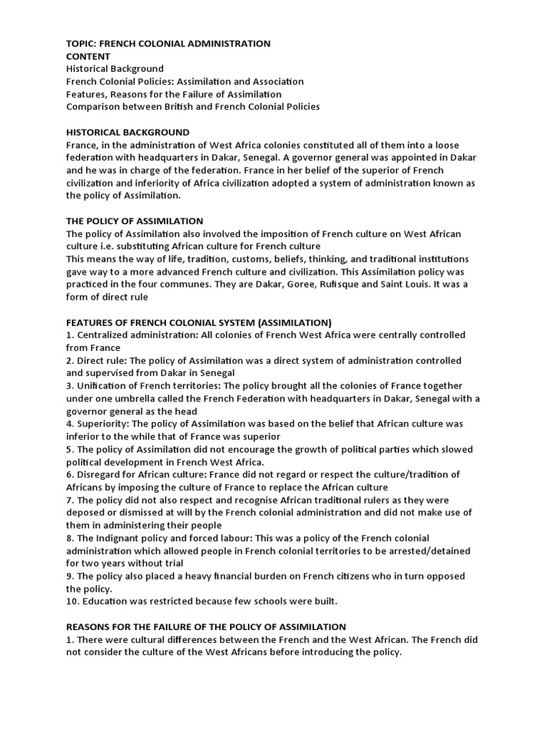 SS2 Notes On French Colonial Policy of Assimilation and Association PDF