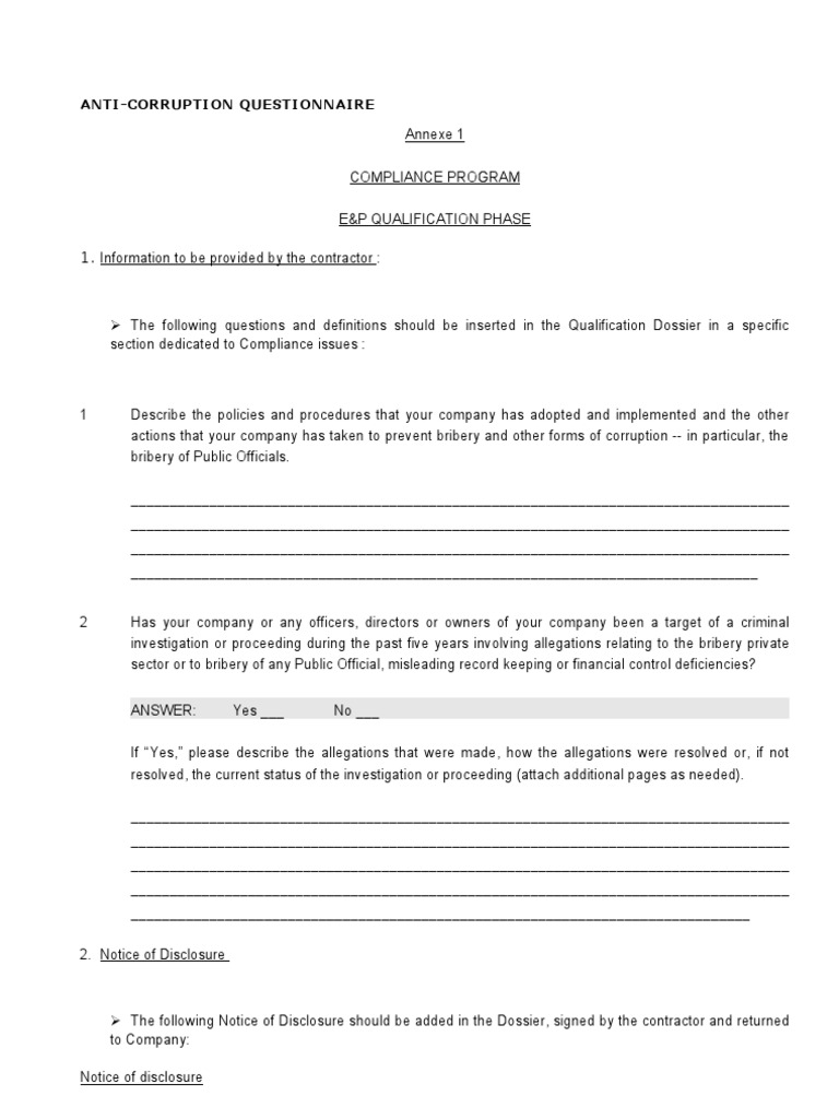 Anti-Corruption Compliance Questionnaire | PDF | Bribery | Stocks