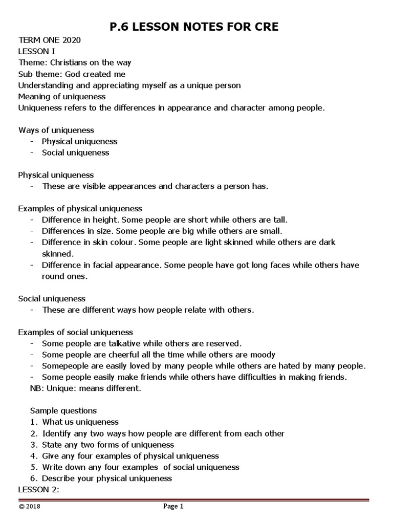 P6 CRE Lesson Notes Term 1 2020 | PDF | Career & Growth