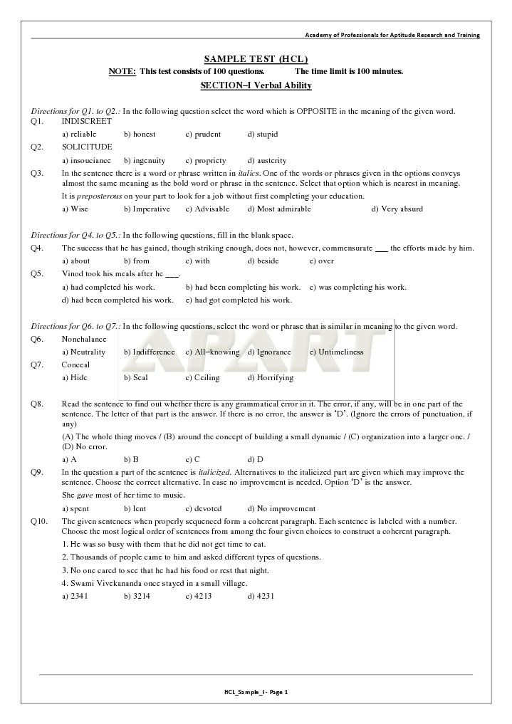 HCL Sample Test for Verbal Ability | PDF | Leadership | Subroutine