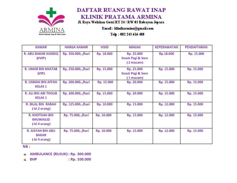 Tarif Kamar Rawat Inap Klinik Armina | PDF | Memasak, Makanan, & Anggur