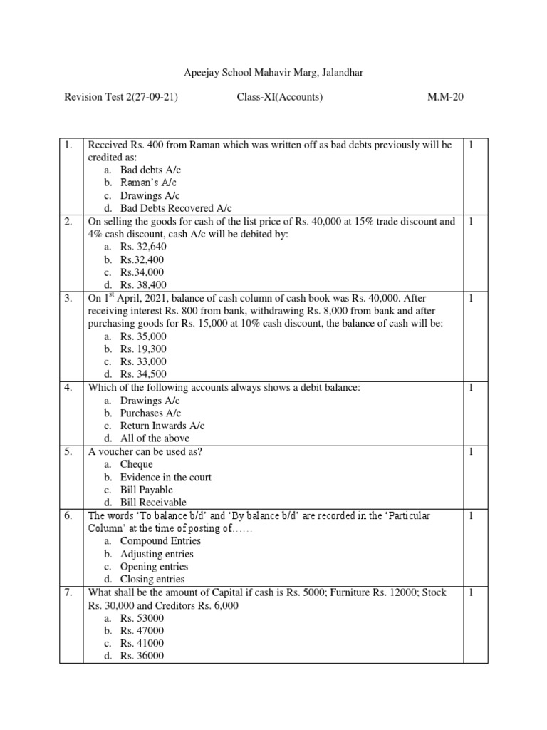 Class XI Accounts Revision Test 2 | PDF | Debits And Credits | Corporations