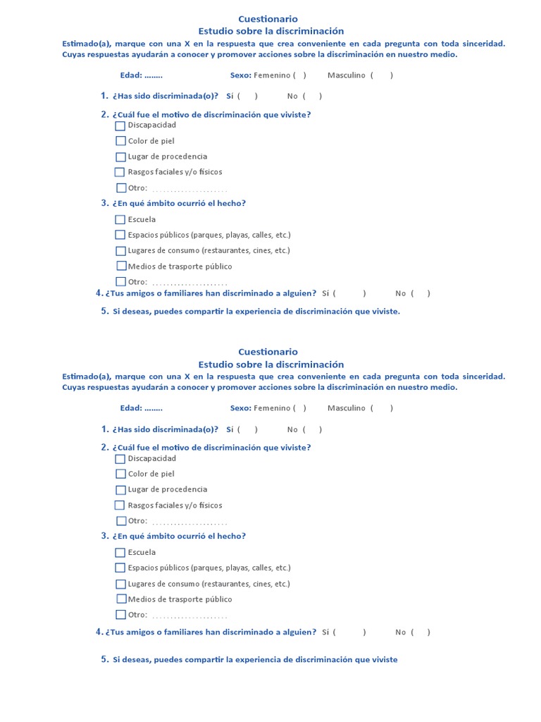 Cuestionario sobre Discriminación | PDF