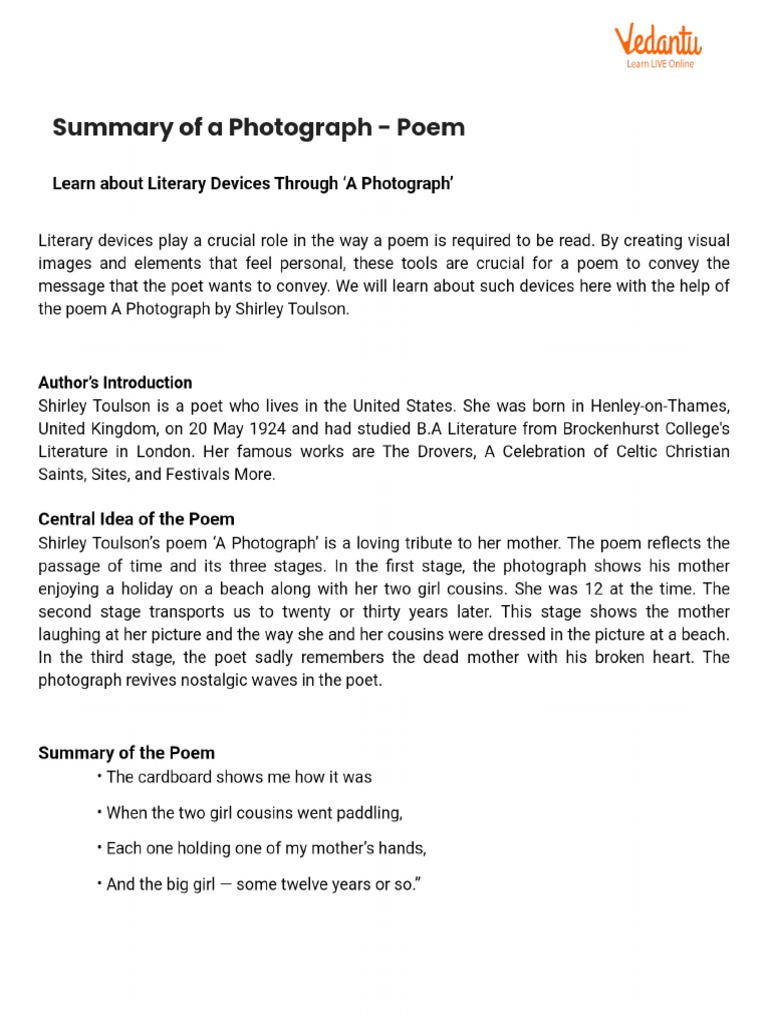 Summary of a Photograph Poem PDF