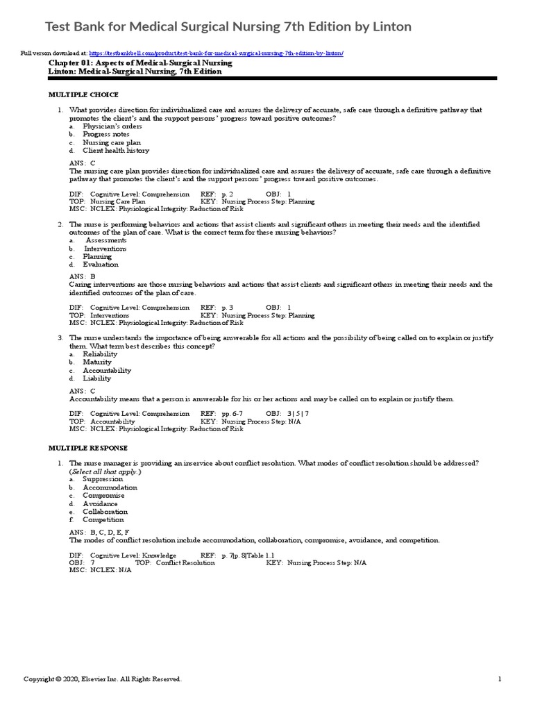 Test Bank For Medical Surgical Nursing 7th Edition by Linton PDF