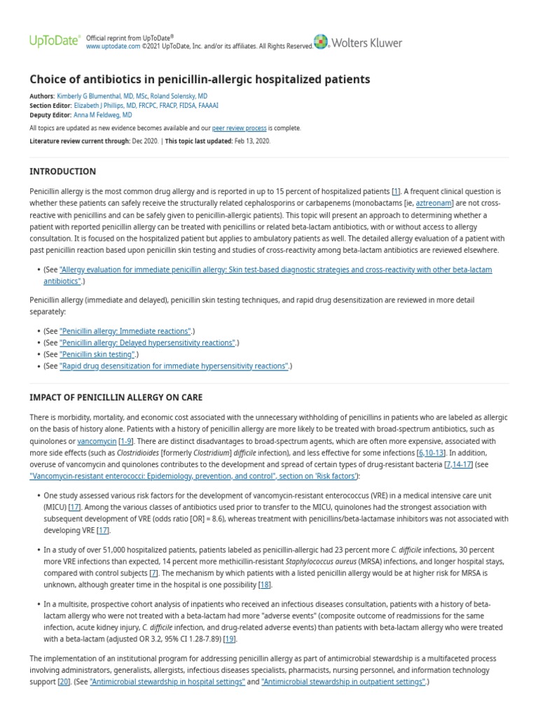 Choice of Antibiotics in PenicillinAllergic Hospitalized Patients