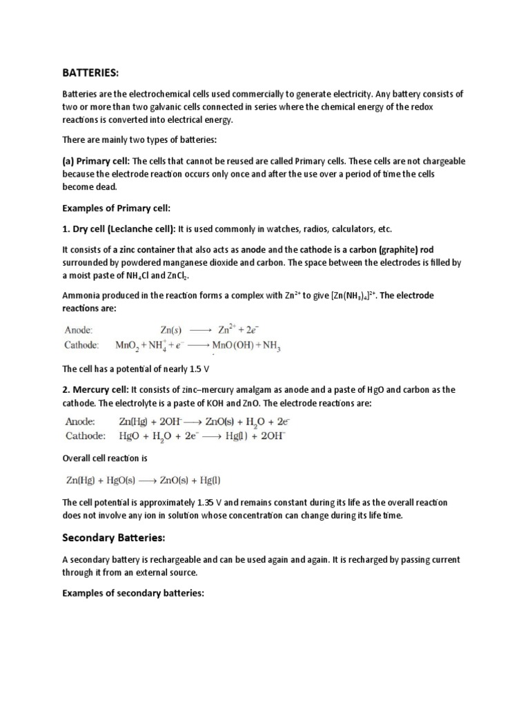 BATTERIES Notes PDF Electrochemistry Corrosion