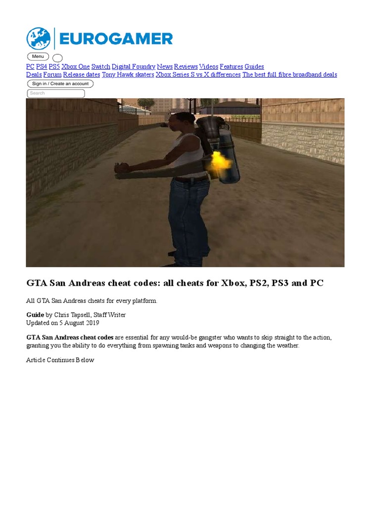 GTA San Andreas Cheat Codes: All Cheats For Xbox, PS2, PS3 and PC ...