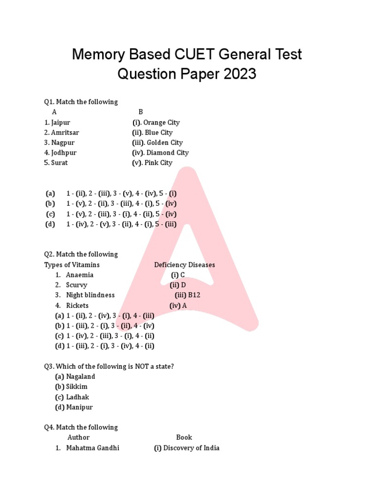 CUET 2023 General Test Memory Paper | PDF | Percentage