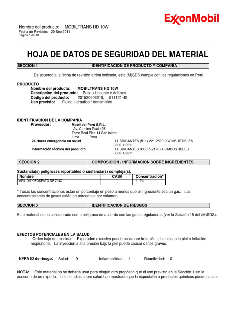 MSDS Aceite Mobiltrans HD 10W | PDF | Agua | Ventilación (Arquitectura)