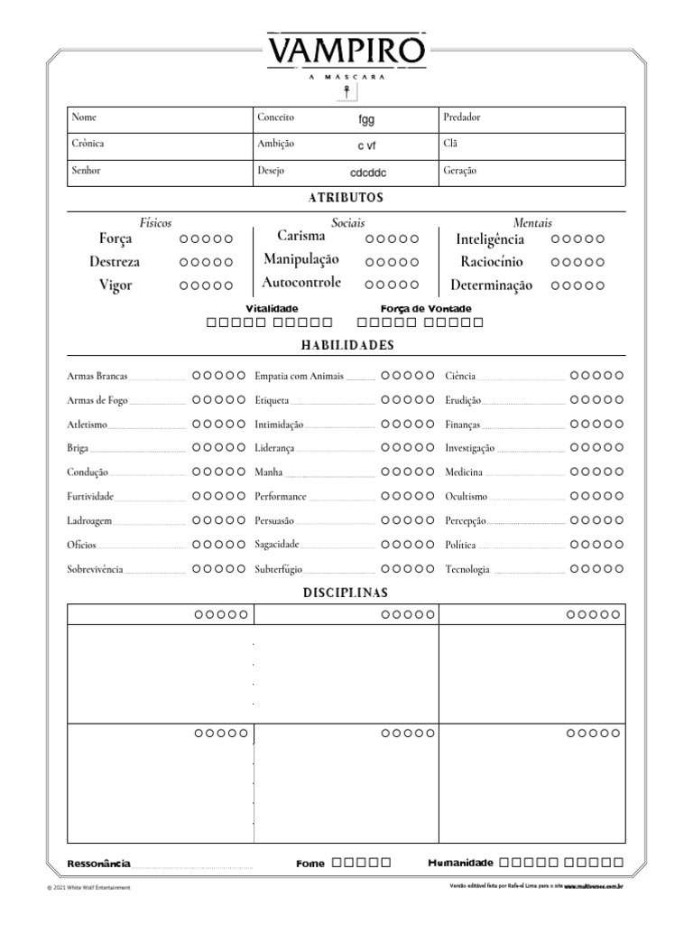 Vampiro - A Máscara V5 - Ficha de Personagem (Editável) v1.0 | PDF