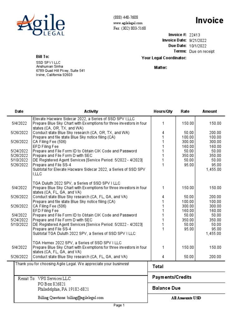 Invoice for SSD SPV I LLC Services | PDF | Business Economics ...
