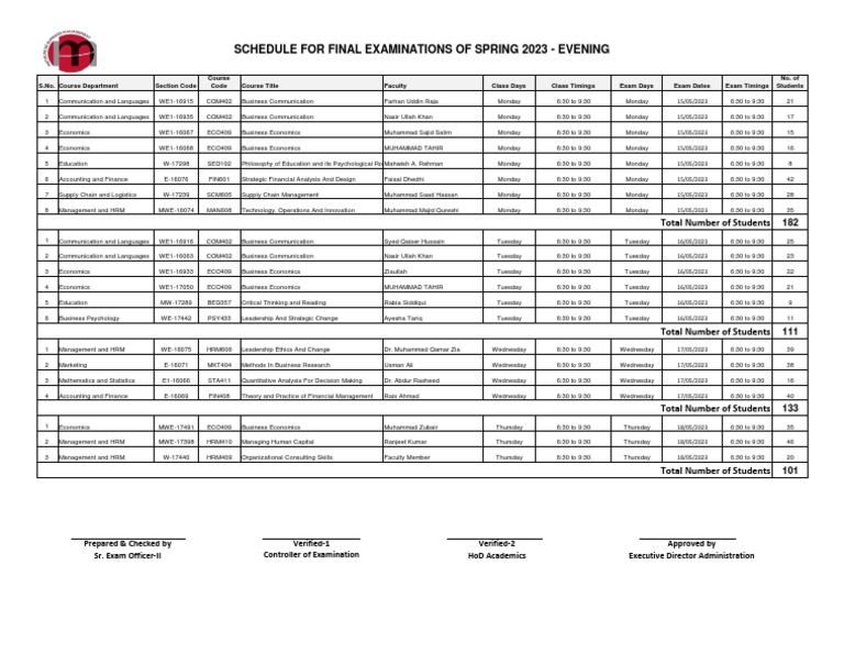 Final Exam Schedule Spring 2023 Evening 230502 162045 PDF