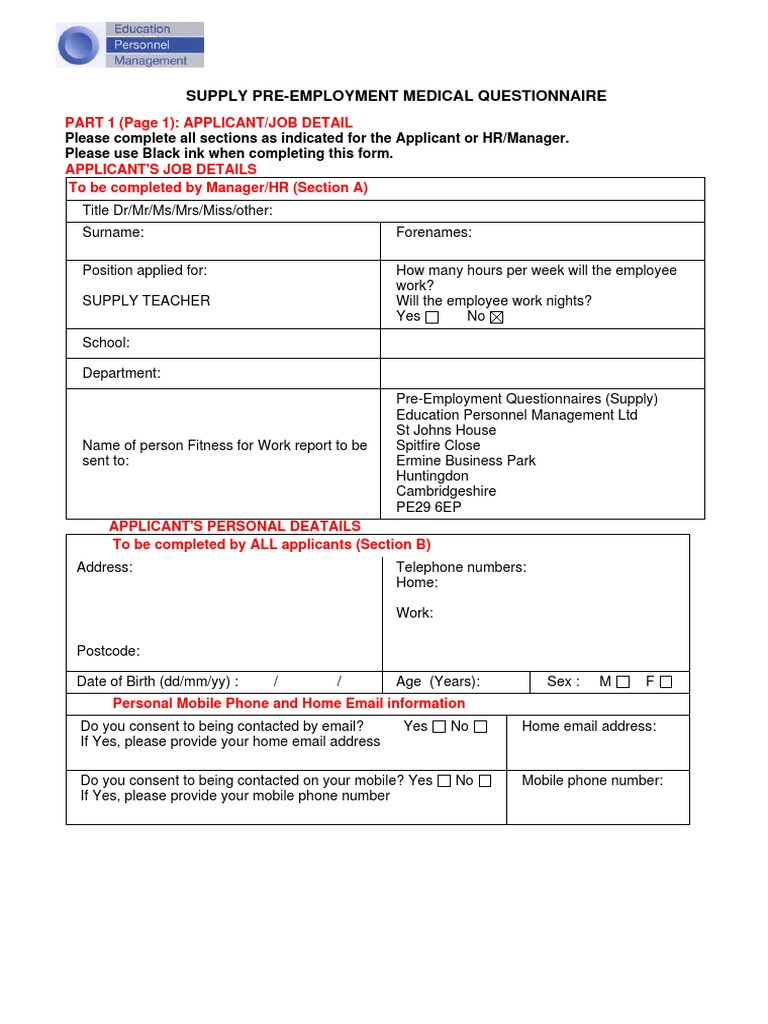 Sample Pre Employment Medical Form PDF