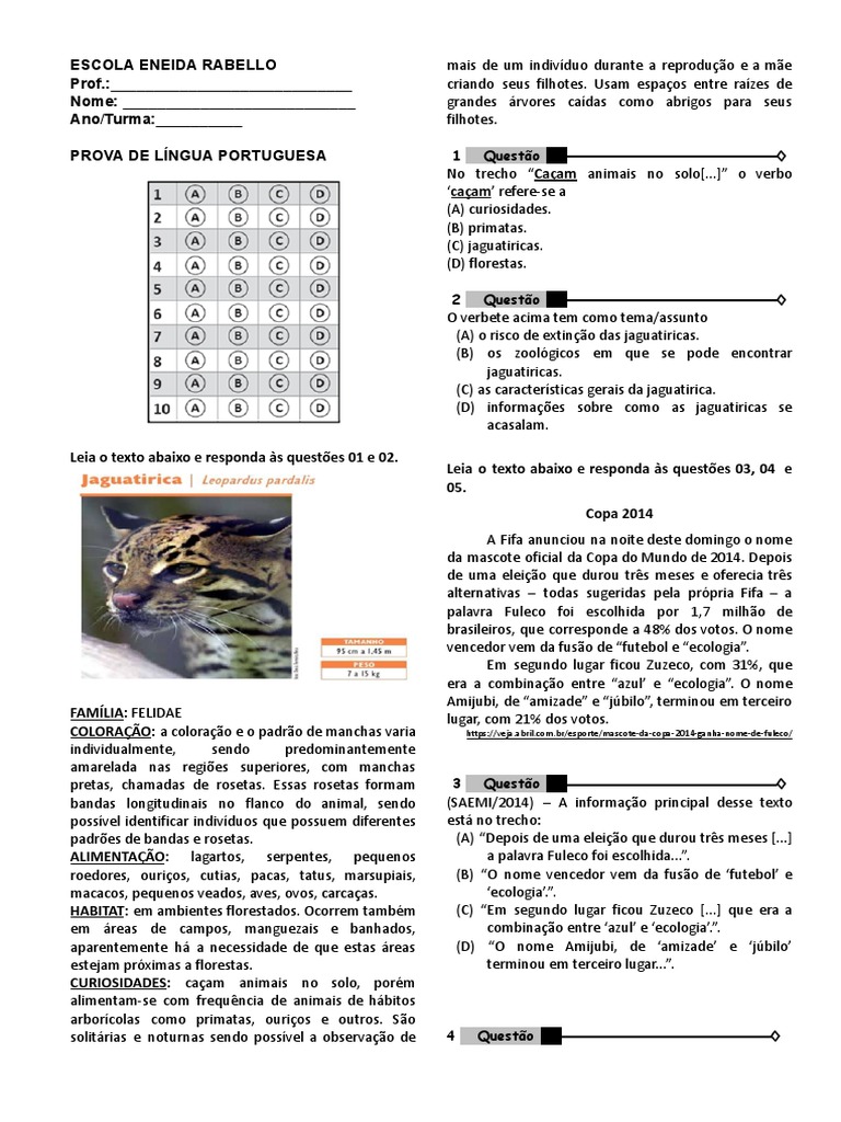 Simulado de Português 6º Ano com Gabarito | PDF