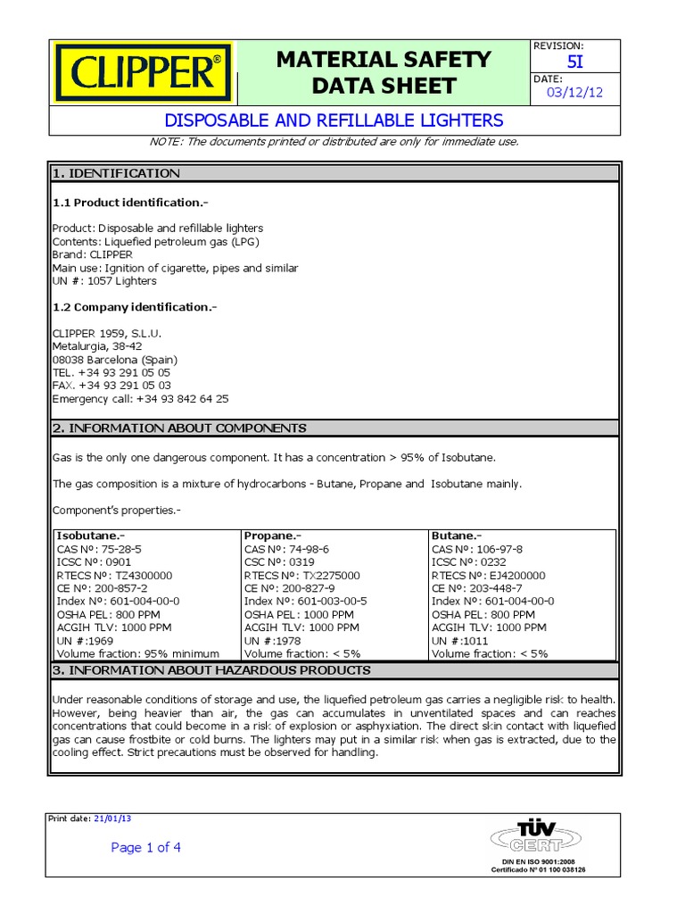 Msds Lighters Clipper Download Free PDF Liquefied Petroleum Gas