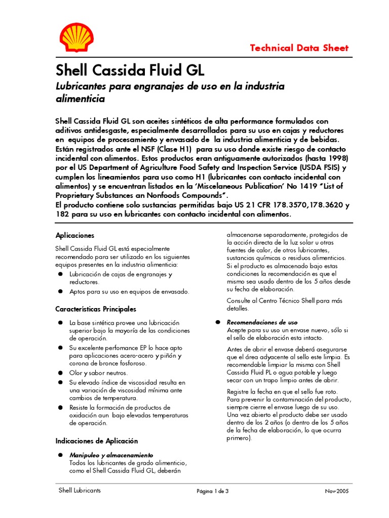 Lubricante Shell Cassida Fluid GL 460 | PDF | Alimentos | Lubricante
