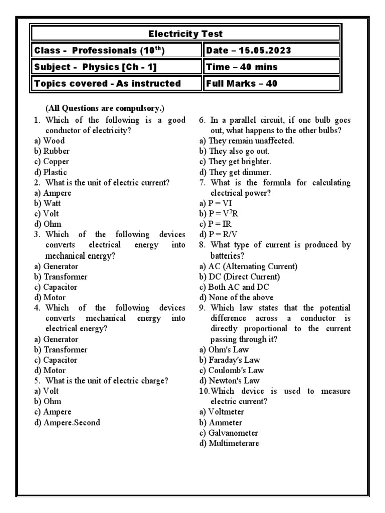 Electricity Test Questions for 10th Grade | PDF | Electrical Resistance ...