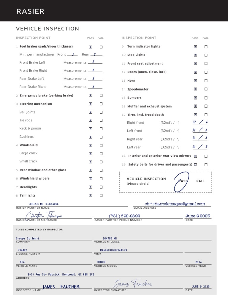 Uber Vehicle Inspection Checklist | PDF | Brake | Vehicles