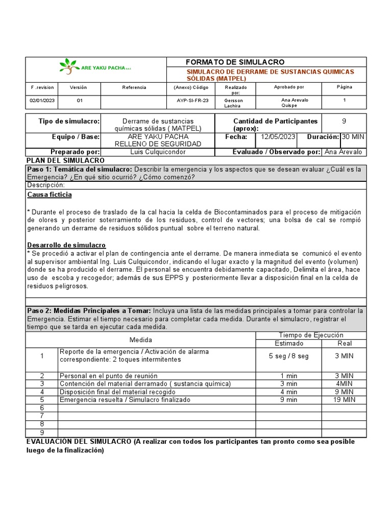 Simulacro de Derrame de Sustancias Químicas Sólidas Peligrosas (Matpel ...