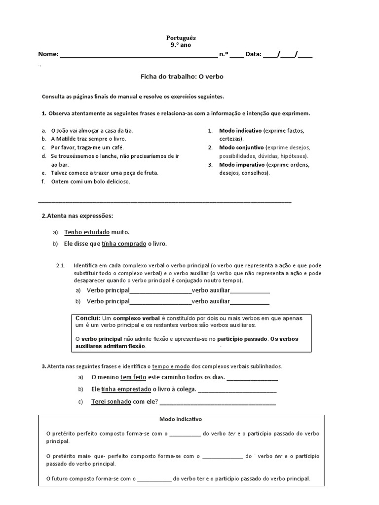 Exercícios sobre Verbos para 9º Ano | PDF | Verbo | Linguística