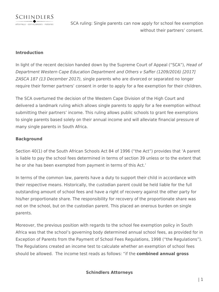 SCA Ruling - Single Parents Can Now Apply For School Fee Exemption 