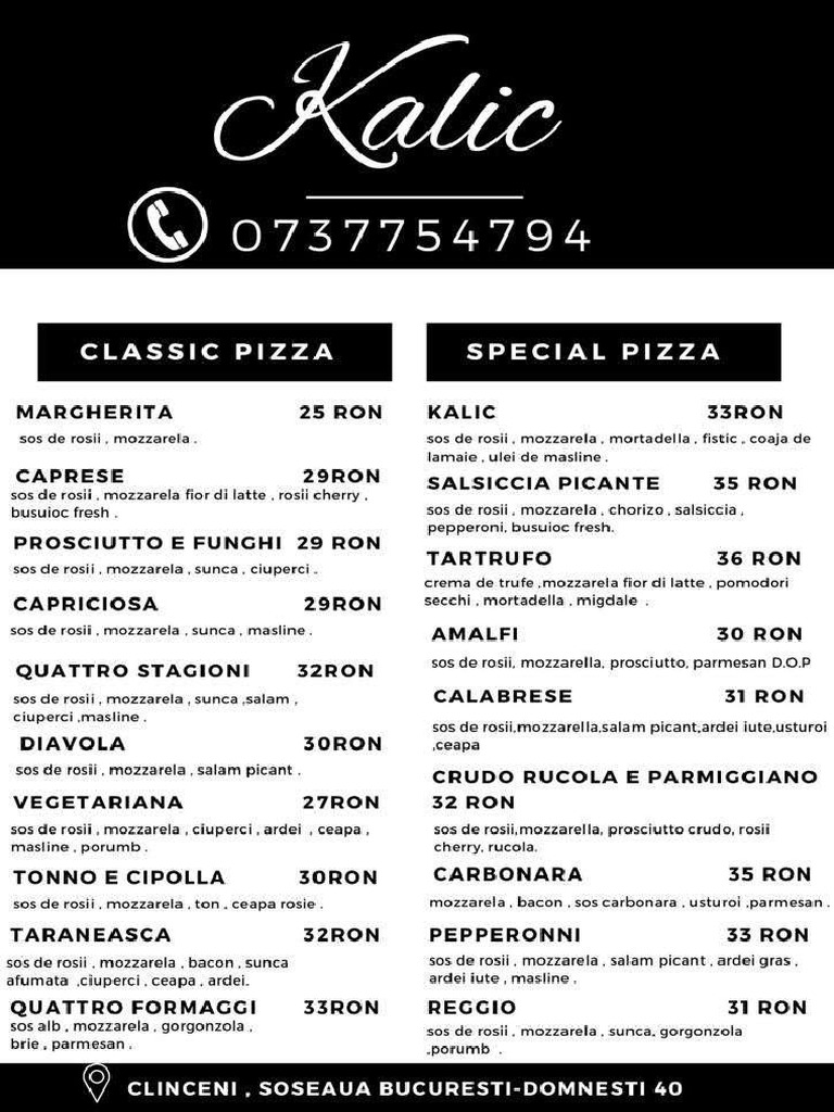 Meniu Pizzeria Kalic Actualizat 13.10.2022 | PDF