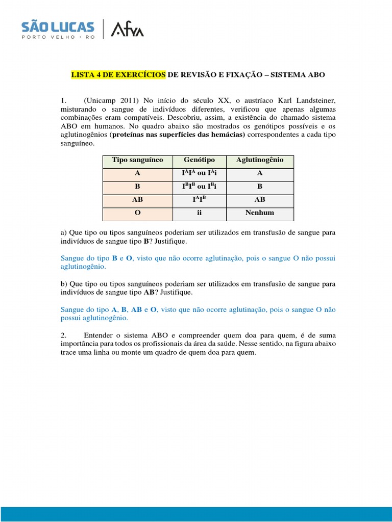Exercícios sobre Sistema ABO e Rh | PDF | Tipo sanguíneo | Sangue