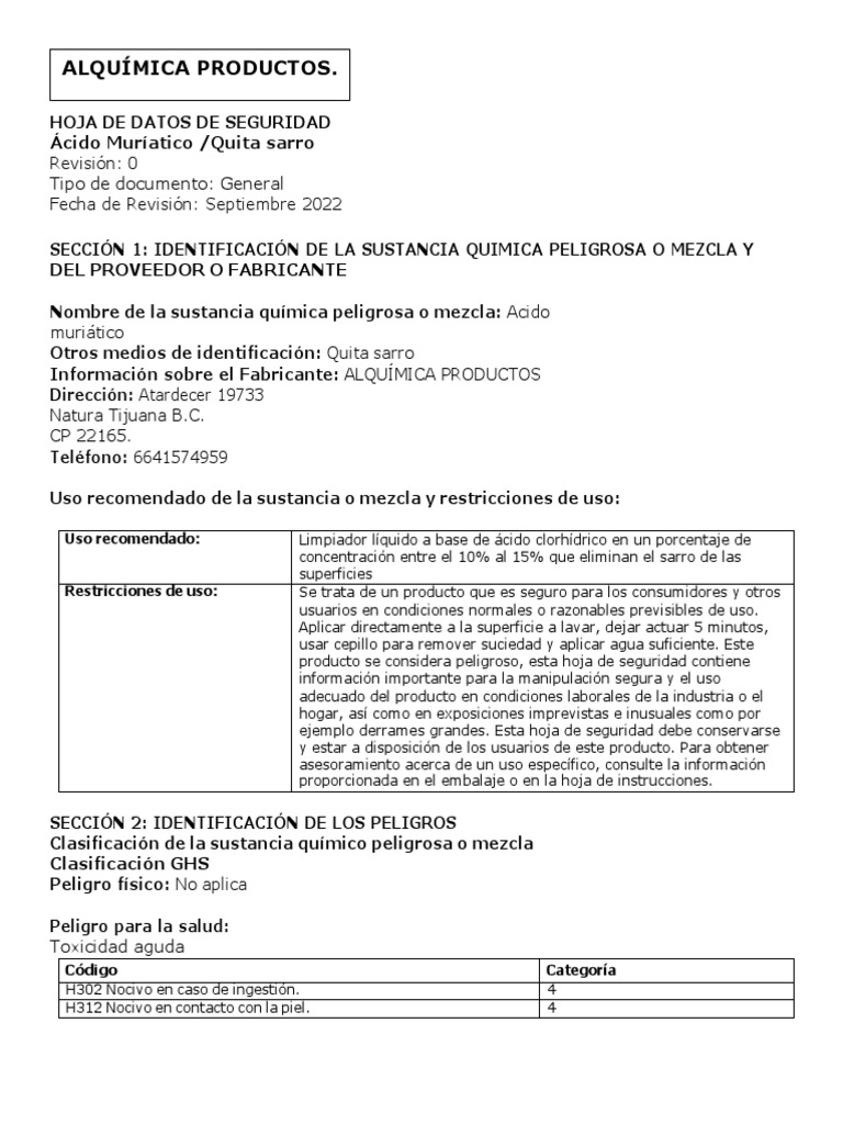 HdsAcido Muriatico Quitasarro Alquimica Productos PDF Residuos