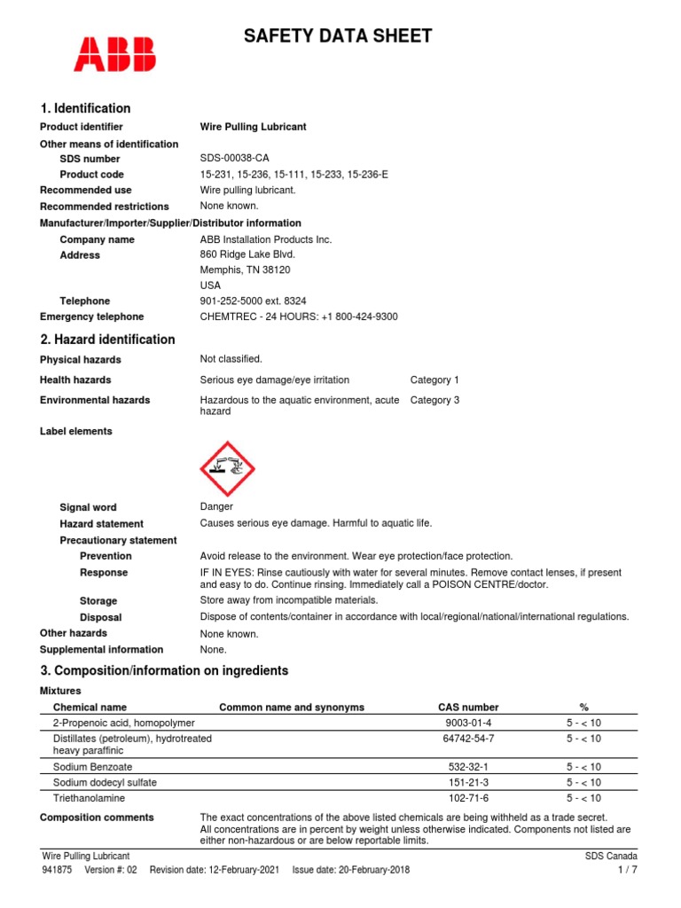 ABB Cable Pulling Lube MSDS PDF Toxicity Dangerous Goods