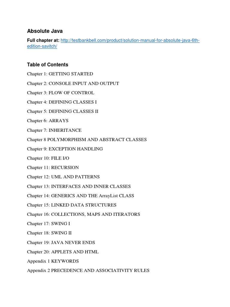 Solution Manual For Absolute Java 6th Edition Savitch | PDF