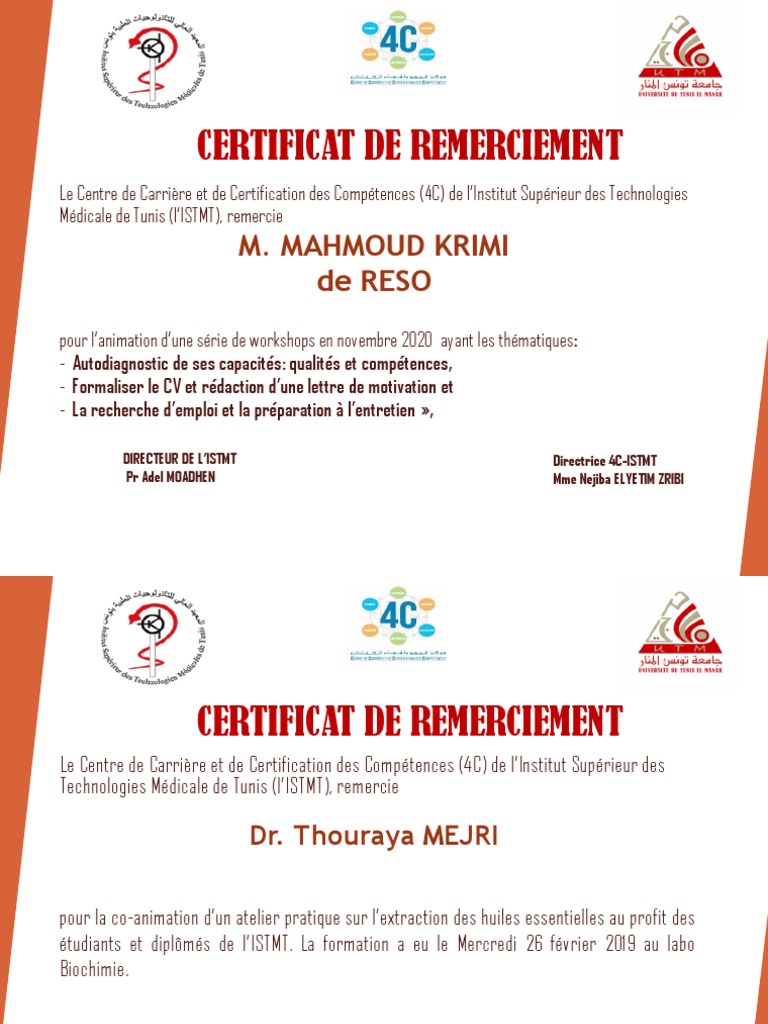 Certificats de Remerciement 4C-ISTMT | PDF