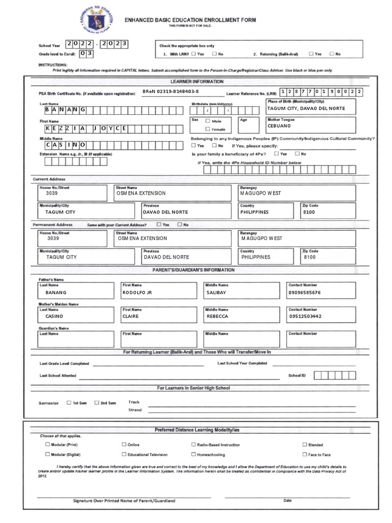 Deped enrollment form pdf