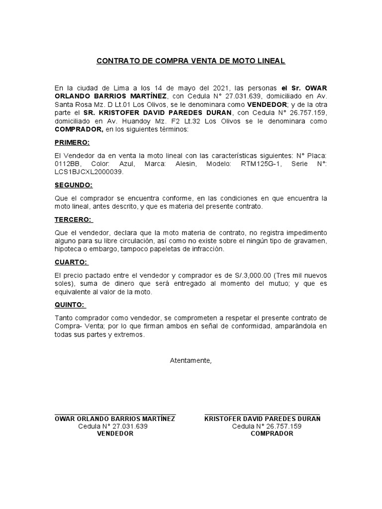 Contrato de Compra Venta de Moto | PDF | Negocios | Derecho