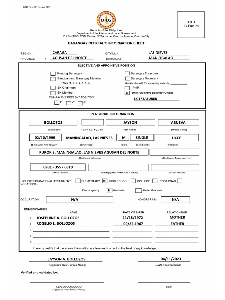 Barangay Officials Information Sheet Dilg PDF