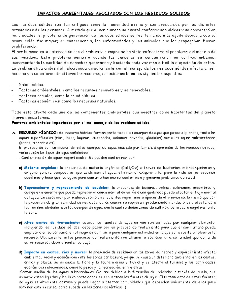 Impacto de Residuos Sólidos en el Medio Ambiente | PDF | Residuos | Agua