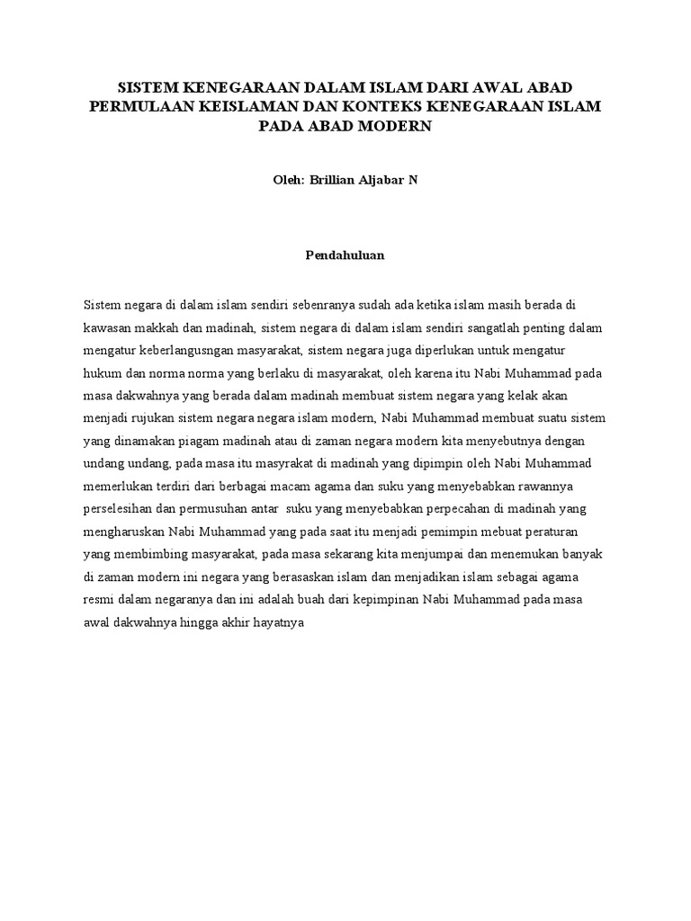 Sistem Kenegaraan Dalam Islam Dari Awal Abad Permulaan Keislaman Dan