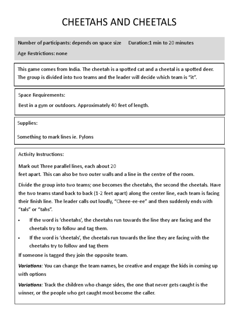 Cheetah and Cheetal Team Game | PDF | Language Arts & Discipline | Self ...