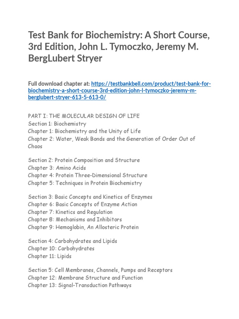 Test Bank For Biochemistry A Short Course 3rd Edition John L Tymoczko