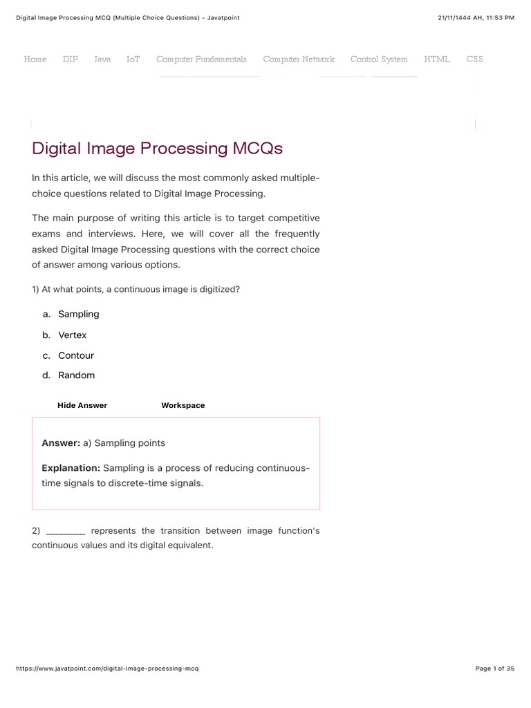 Digital Image Processing MCQ (Multiple Choice Questions) Javatpoint PDF