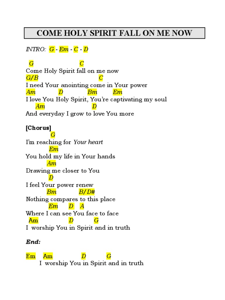 Come holy spirit fall on me now chords pdf