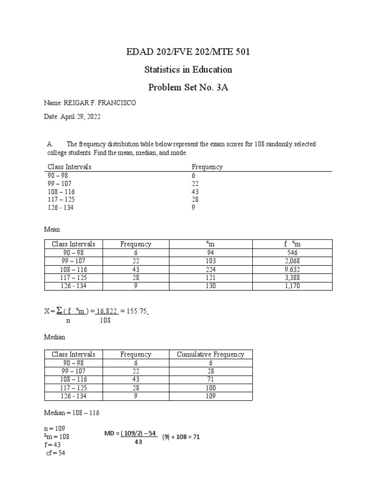 Problem Set 3A | Download Free PDF | Median | Mode (Statistics)