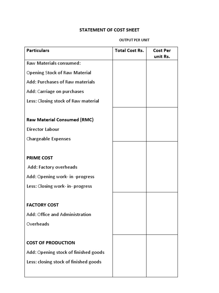 Statement of Cost Sheet PDF Cost Of Goods Sold Stocks