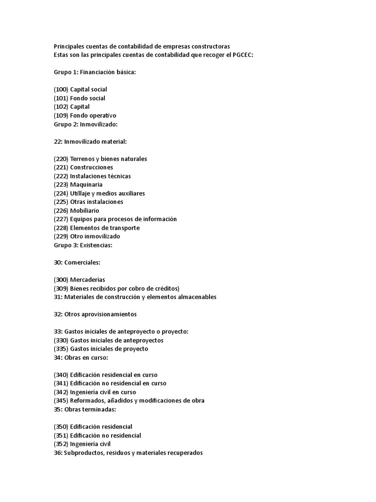 Principales Cuentas De Contabilidad De Empresas Constructoras Pdf
