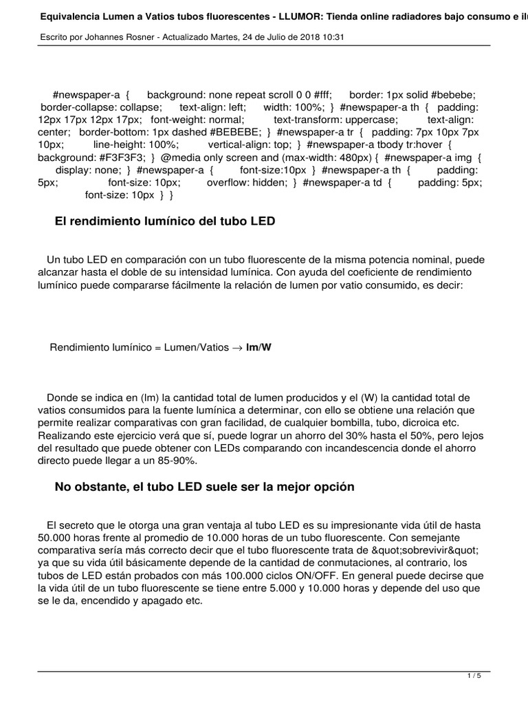equivalencialumenavatiostubosfluorescentes PDF Diodo emisor de