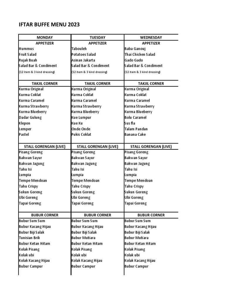 Iftar Buffet Menu & Cost 2023 PDF