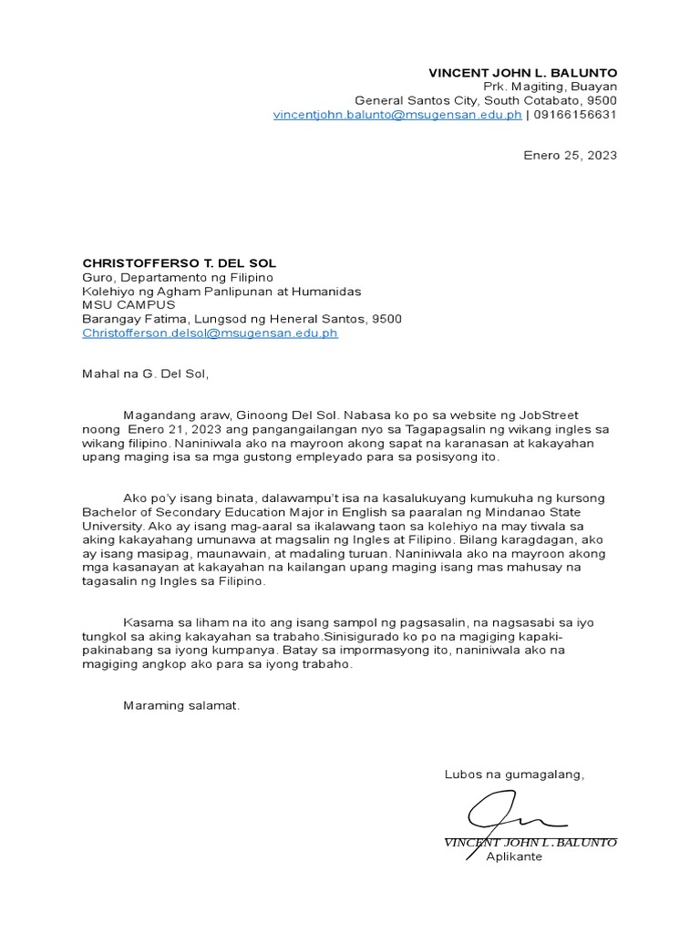 Liham Aplikasyon 1 | PDF