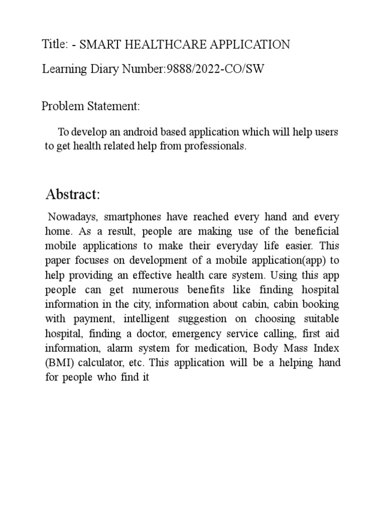 Smart Healthcare Application | PDF | Mobile App | Health Care