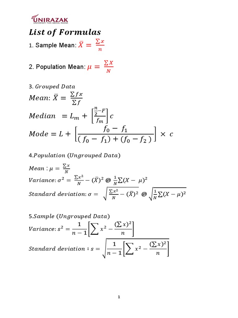 List of Formulas & Table | Download Free PDF | Tests | Statistical Theory