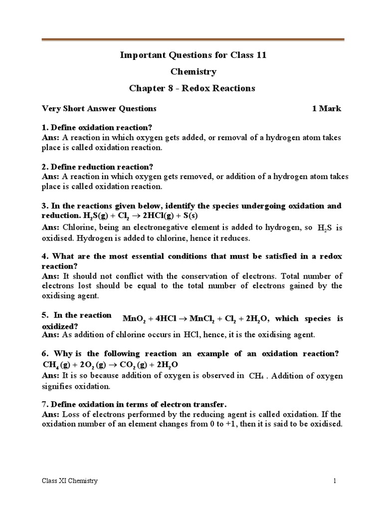 Class 11 Redox Reactions: Key Questions | PDF